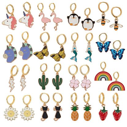 DIY Earring Making, with Brass Huggie Hoop Earring Findings and Alloy Enamel Pendants, Mixed Shapes