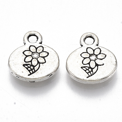 Tibetan Style Alloy Charms, Cadmium Free & Lead Free, Flat Round with Flower & Word Grow