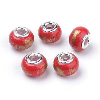 Spray Painted Glass European Beads, Large Hole Beads, with Silver Color Plated Brass Cores, Rondelle