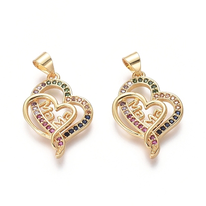 Golden Plated Brass Pendants, with Cubic Zirconia, Heart with Word Mama, for Mother's Day