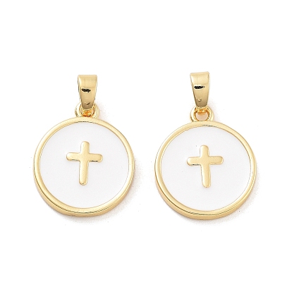 Подвески из латуни с эмалью в стойку, без кадмия и без свинца, долговечный, реальный 18 k позолоченный, плоский круглый с подвеской в виде креста