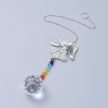 Cristal lustre suncatchers prismes chakra pendentif suspendu, avec des chaînes de câble de fer, Des billes de verre, pendentifs en verre strass et laiton, ange avec tour