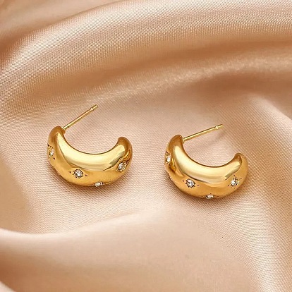 304 Серьги-гвоздики из нержавеющей стали с прозрачным фианитом и микропаве, c-образный