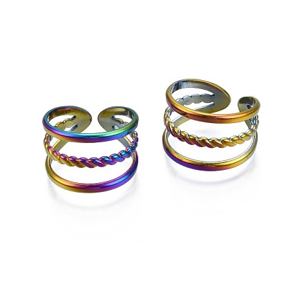 304 Stainless Steel Triple Line Wrap Cuff Ring, Rainbow Color Open Ring for Women
