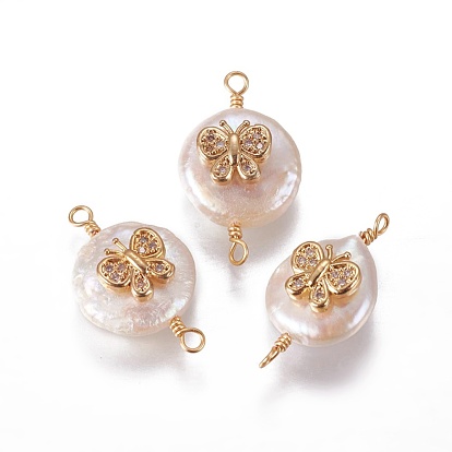 Natural Pearl Links Connectors, with Cubic Zirconia and Brass Findings, Flat Round with Butterfly