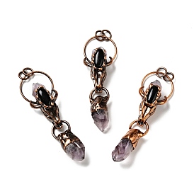 Natural Amethyst & Black Onyx Nuggets Big Pendants, Large Hole Pendants, with Red Copper Tone Brass Findings, Cadmium Free & Lead Free, Cattle Head with Bullet, Mixed Dyed and Undyed