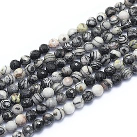 Natural Black Silk Stone/Netstone Beads Strands, Round, Faceted(128 Facets)