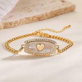 Brass Micro Pave Cubic Zirconia Link Bracelets, Curb Chains Bracelets for Women, with Shell, Rectangle with Heart