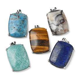 Natural Gemstone Pendants, with Rack Plating Brass Wire Wrap, Lead Free & Cadmium Free, Rectangle