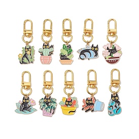 10Pcs 10 Styles Plant with Cat Alloy Enamel Pendant Decorations, Swivel Clasps Charms for Bag Ornaments