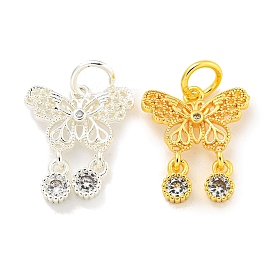 Brass Cubic Zirconia Pendants, with Jump Ring, Long-Lasting Plated, Lead Free & Cadmium Free, Butterfly Charms
