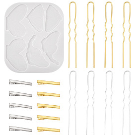 1Moldes de silicona para pinzas de pelo con forma de mariposa (para armar uno mismo), 20piezas de pinzas para el cabello planas de hierro con forma de cocodrilo, 2Juegos de accesorios de metal para horquillas de pelo