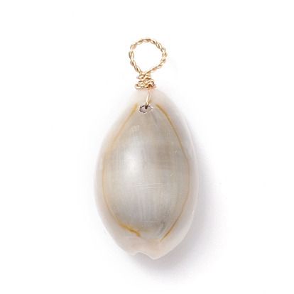 Natural Cowrie Shell Dyed Pendants, with Real 18K Gold Plated Eco-Friendly Copper Wire