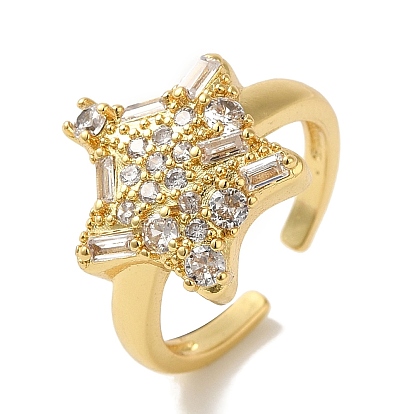 Rack Plating Brass Micro Pave Clear Cubic Zirconia Cuff Ring, Star Open Ring for Women, Cadmium Free & Lead Free, Long-Lasting Plated