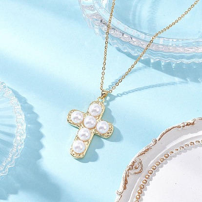 Подвеска-крестик из латуни и искусственного жемчуга ABS 304 ожерелья из нержавеющей стали с цепочкой, белые