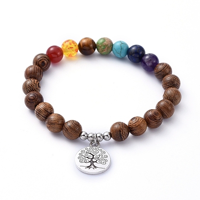 Chakra Jewelry, Stretch Charm Bracelets, with Natural Gemstone Beads, Wood Beads, Alloy Pendants and 304 Stainless Steel Beads, Flat Round with Tree