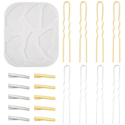 1Moldes de silicona para pinzas de pelo con forma de mariposa (para armar uno mismo), 20piezas de pinzas para el cabello planas de hierro con forma de cocodrilo, 2Juegos de accesorios de metal para horquillas de pelo