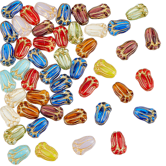 60Pcs Glass Beads, Tulip, Golden Metal Enlaced