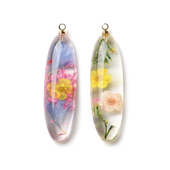 Подвески из прозрачной смолы с сухоцветами, с латунной найти, овальные амулеты