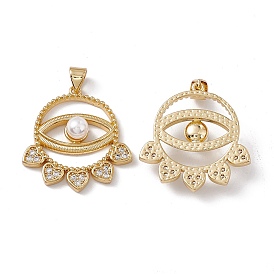 Brass Micro Pave Cubic Zirconia Pendants, with ABS Imitation Pearl, Flat Round with Eye & Heart Charm