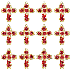 12шт. подвески из сплава светлого золота со стразами, со смолой розой, долговечный, крест с цветочным талисманом