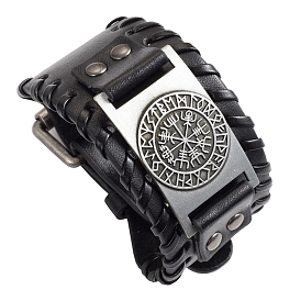 Imitation Leather Braided Bracelets, with Viking Rune Symbol Compass Metal Buckle, for Men