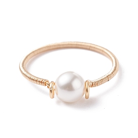Shell Pearl Bead Finger Ring, Eco-Friendly Copper Wire Wrap Rings for Women, Light Gold