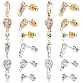 36Pcs 6 Styles Brass Stud Earring Findings, with Diamond Cubic Zirconia and Horizontal Loops, with 36Pcs 2 Colors Rack Plating Brass Friction Ear Nuts