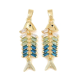 Brass Colorful Cubic Zirconia Pendants, Fish Bone Shape Charms