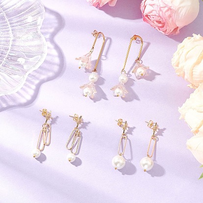 3 Pairs 304 Stainless Steel Glass Dangle Stud Earrings, with Imitation Pearl & Brass & Acrylic, Flower & Star