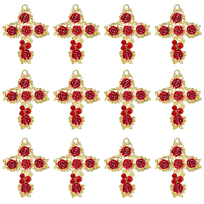 12шт. подвески из сплава светлого золота со стразами, со смолой розой, долговечный, крест с цветочным талисманом