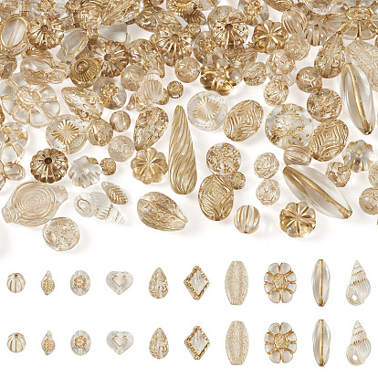 100G Transparent Acrylic Beads, Mixed Shapes, with Glitter Powder & Golden Metal Enlaced