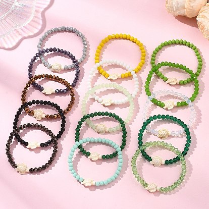 15шт. 15 цвета: бирюза, синтетические бусины в виде морской черепахи и граненые стеклянные рондели, эластичные браслеты для женщин
