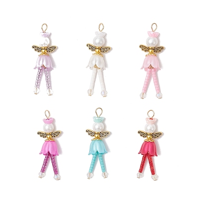 Подвески в виде цветов и ангелов, с латунными колпачками для бусин в виде цветка, бусинами из сплава в тибетском стиле, круглыми бусинами из стеклянного жемчуга, пластиковыми бусинами, колпачками из смолы, конусами, акриловыми колпачками и цилиндрическими бусинами