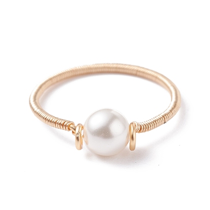 Shell Pearl Bead Finger Ring, Eco-Friendly Copper Wire Wrap Rings for Women, Light Gold