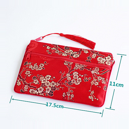 Pochettes d'emballage de bijoux en satin à motif de fleurs de style chinois, sacs cadeaux avec fermeture éclair et breloque pompon, rectangle