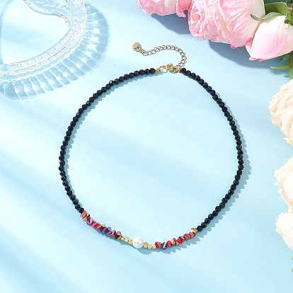 Ожерелья из ракушечного жемчуга и граненых круглых черных стеклянных бусин, латуни и 304 результатов из нержавеющей стали