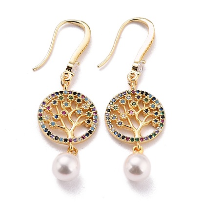 Tree of Life Sparkling Cubic Zirconia Flat Round Pendant Dangle Earrings for Her, Real 18K Gold Plated Brass Micro Pave Cubic Zirconia Earrings