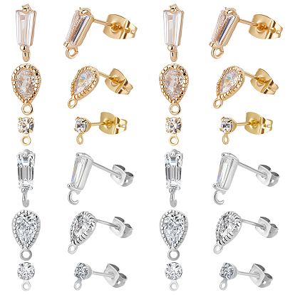 36Pcs 6 Styles Brass Stud Earring Findings, with Diamond Cubic Zirconia and Horizontal Loops, with 36Pcs 2 Colors Rack Plating Brass Friction Ear Nuts