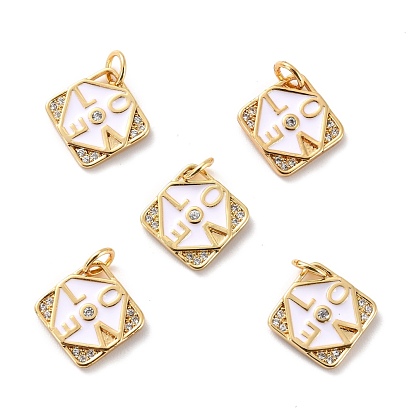 Brass Micro Pave Cubic Zirconia Pendants, with Enamel, Long-Lasting Plated, Cadmium Free & Lead Free, Real 18K Gold Plated, Rhombus with Word LOVE