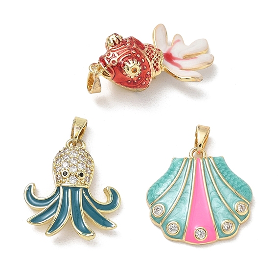 Ocean Brass Enamel Pendants, with Rhinestone, Golden