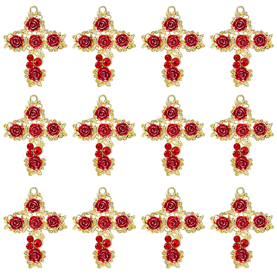 12шт. подвески из сплава светлого золота со стразами, со смолой розой, долговечный, крест с цветочным талисманом
