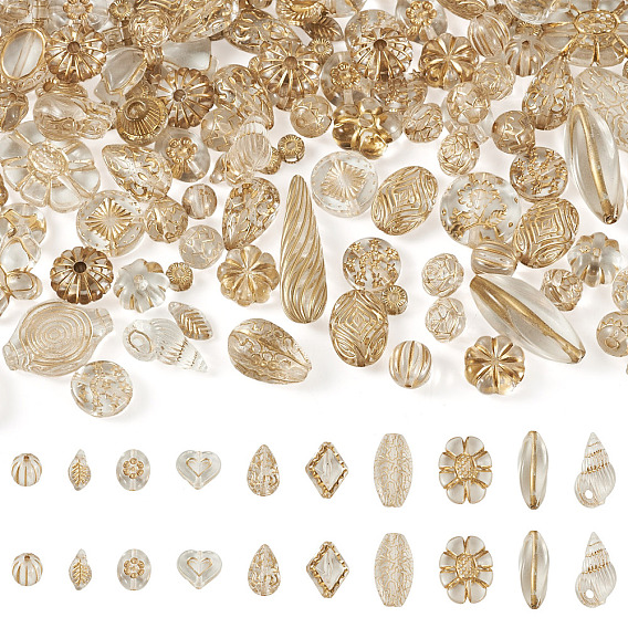 100G Transparent Acrylic Beads, Mixed Shapes, with Glitter Powder & Golden Metal Enlaced