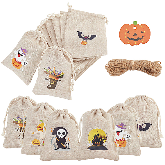 36 шт 6 стили хэллоуин хлопчатобумажные мешочки для хранения ткани, прямоугольные сумки на шнурке, для подарочных пакетов с конфетами, с 36 бумажными подарочными бирками и 1 джутовым шнуром в связке
