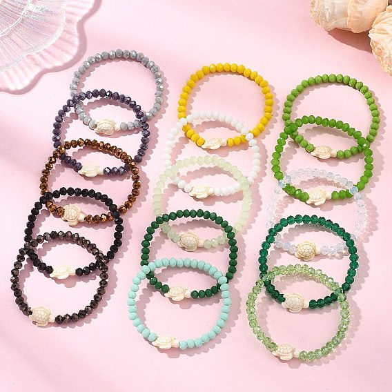 15шт. 15 цвета: бирюза, синтетические бусины в виде морской черепахи и граненые стеклянные рондели, эластичные браслеты для женщин