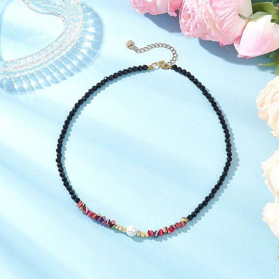 Ожерелья из ракушечного жемчуга и граненых круглых черных стеклянных бусин, латуни и 304 результатов из нержавеющей стали