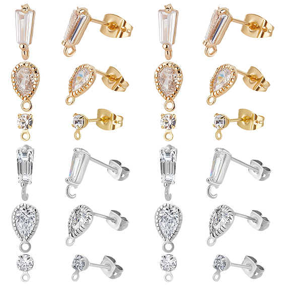 36Pcs 6 Styles Brass Stud Earring Findings, with Diamond Cubic Zirconia and Horizontal Loops, with 36Pcs 2 Colors Rack Plating Brass Friction Ear Nuts