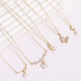 Flower Butterfly Zircon Pearl Pendant Collarbone Chain - European American Star Moon Necklace