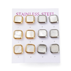 6 Pair 2 Color Square Natural Shell Stud Earrings, 304 Stainless Steel Earrings