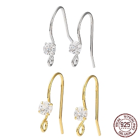 925 Sterling Silver with Clear Cubic Zirconia Earring Hooks, Flat Round